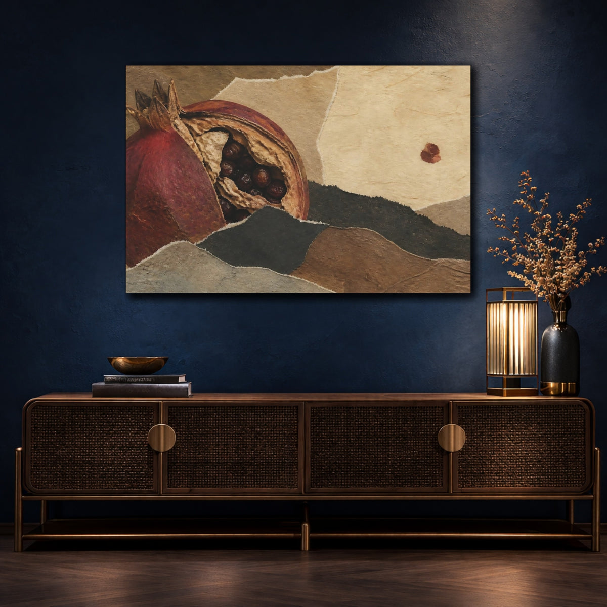 Mockup 4. Earthy Pomegranate Collage shown as canvas print