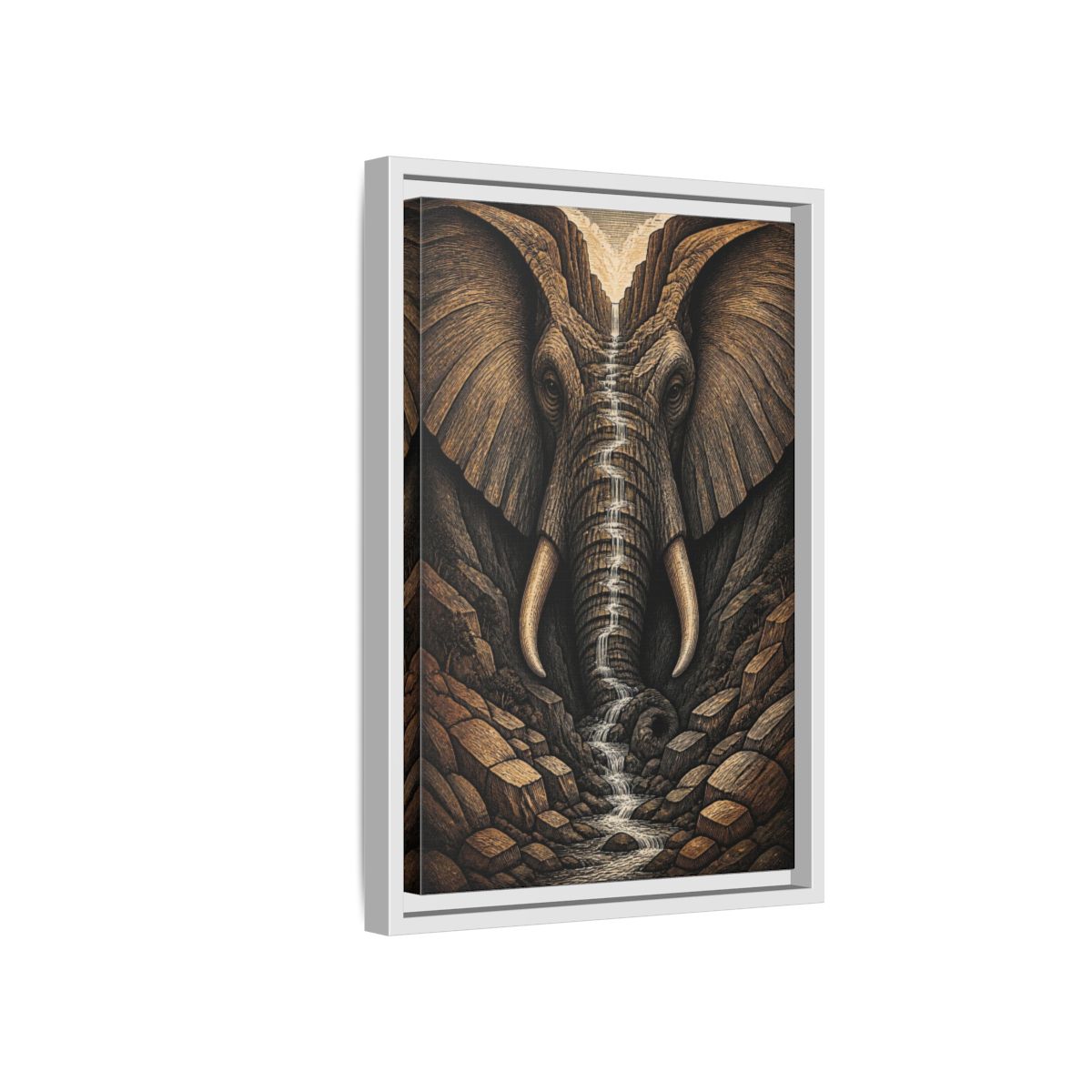 Side Mockup 4. Elephant Illusion Waterfall shown as framed canvas print