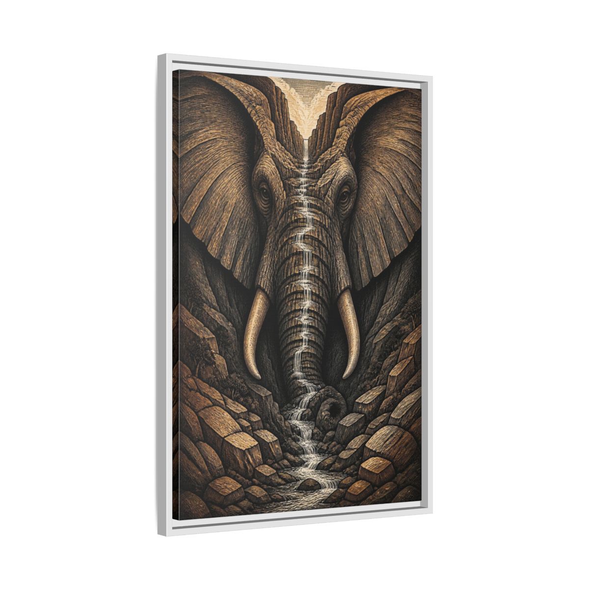 Side Mockup 10. Elephant Illusion Waterfall shown as framed canvas print