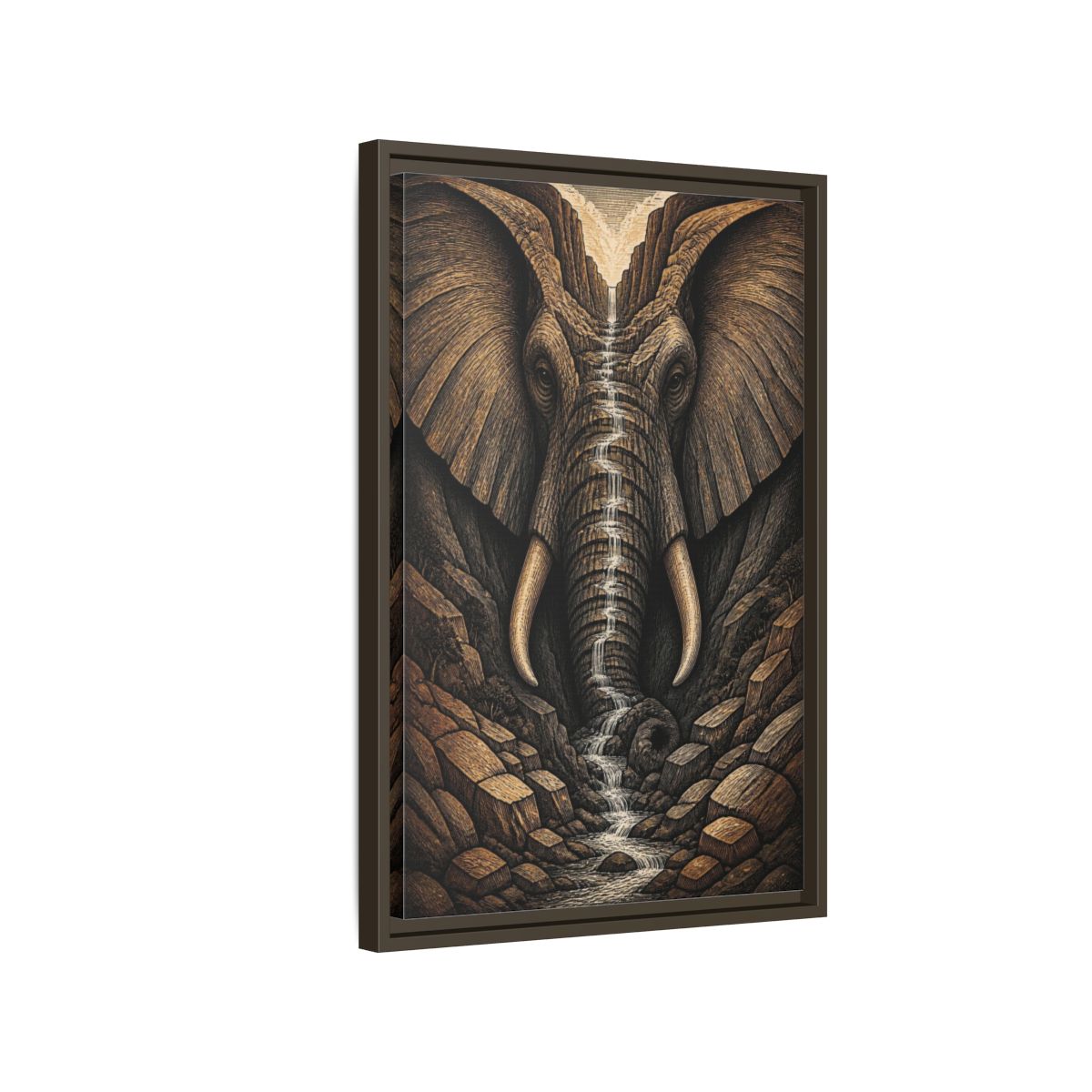 Side Mockup 2. Elephant Illusion Waterfall shown as framed canvas print