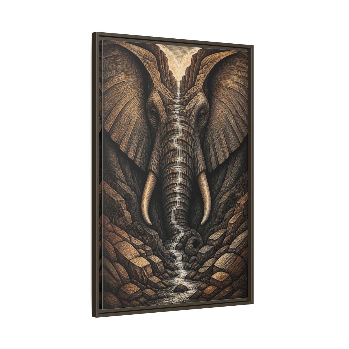 Main Mockup. Elephant Illusion Waterfall shown as framed canvas print