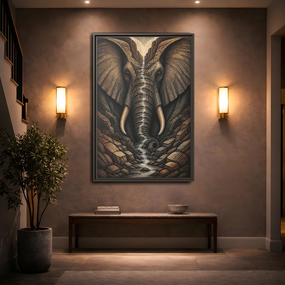 Mockup 2. Elephant Illusion Waterfall shown as framed canvas print
