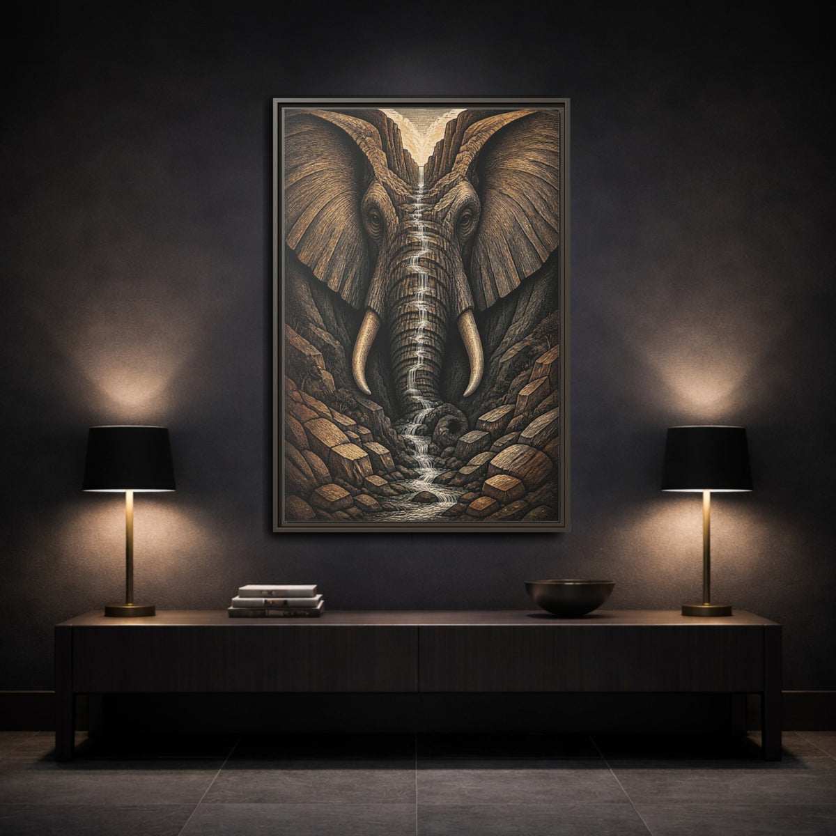 Mockup 3. Elephant Illusion Waterfall shown as framed canvas print