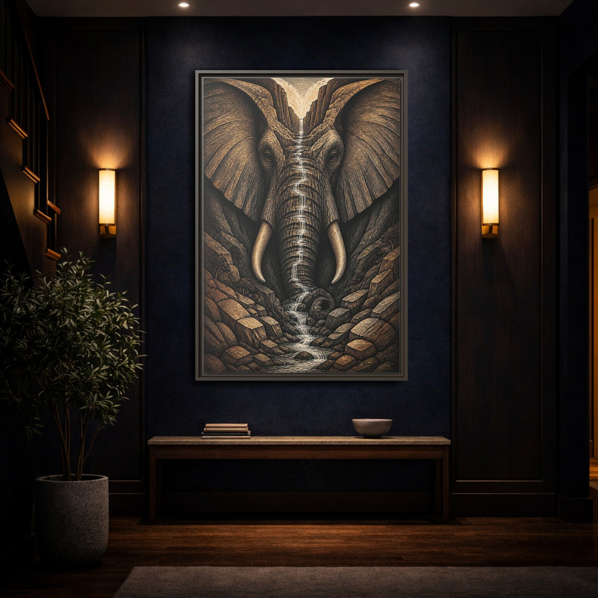 Mockup 4. Elephant Illusion Waterfall shown as framed canvas print