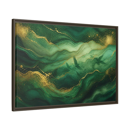 Main Mockup. Emerald Abstract Birds shown as framed canvas print