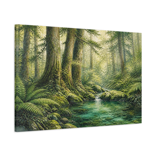 Main Mockup. Emerald Forest Stream Landscape shown as canvas print