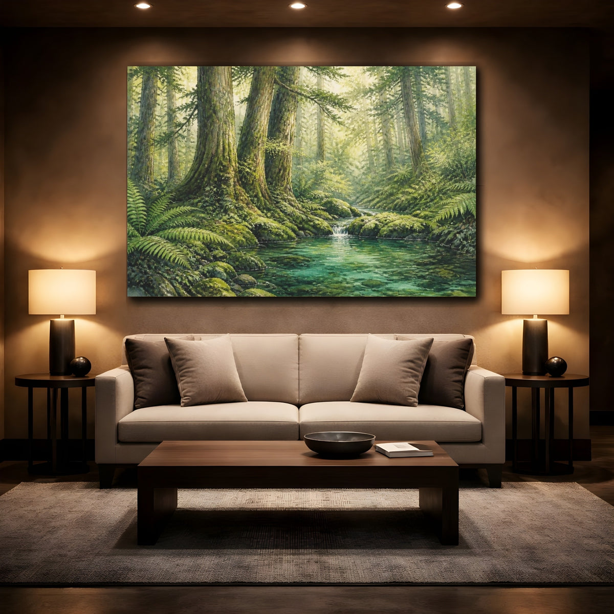 Mockup 2. Emerald Forest Stream Landscape shown as canvas print