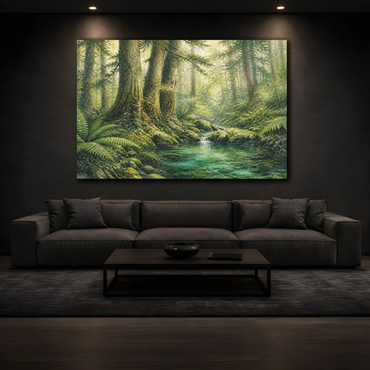 Mockup 3. Emerald Forest Stream Landscape shown as canvas print