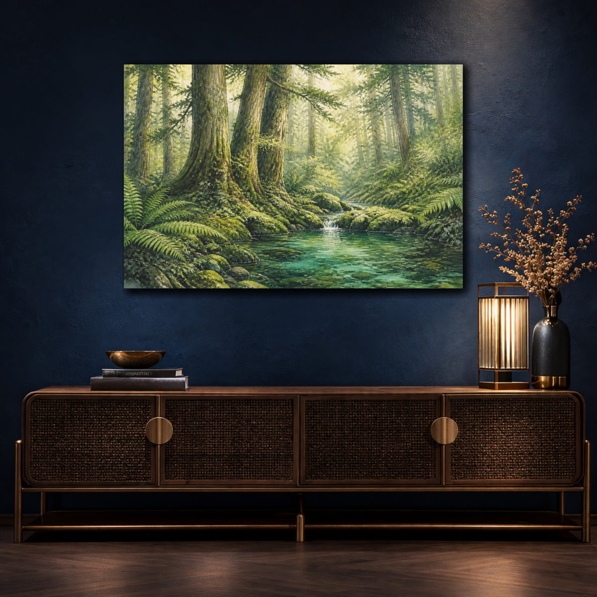 Mockup 4. Emerald Forest Stream Landscape shown as canvas print