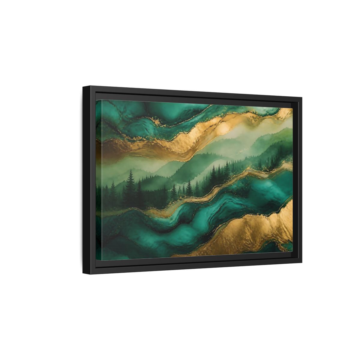 Side Mockup 6. Emerald Mountain Forest shown as framed canvas print