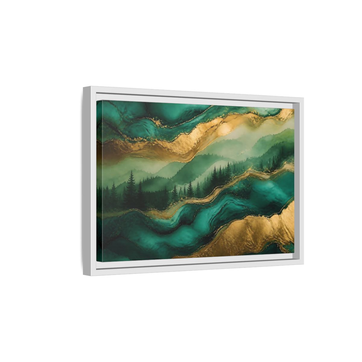 Side Mockup 4. Emerald Mountain Forest shown as framed canvas print