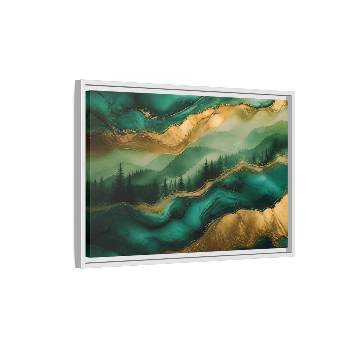 Side Mockup 1. Emerald Mountain Forest shown as framed canvas print