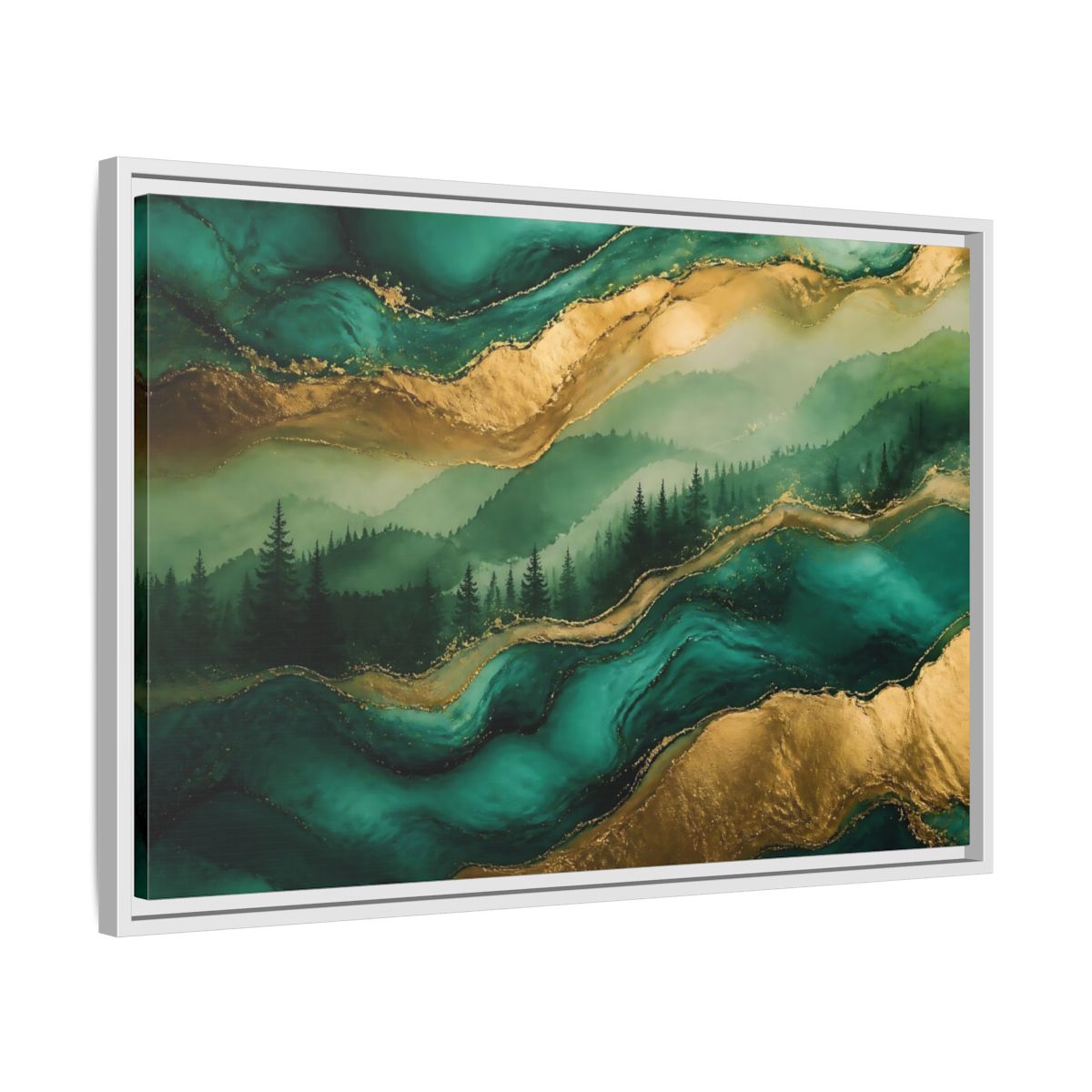 Side Mockup 10. Emerald Mountain Forest shown as framed canvas print