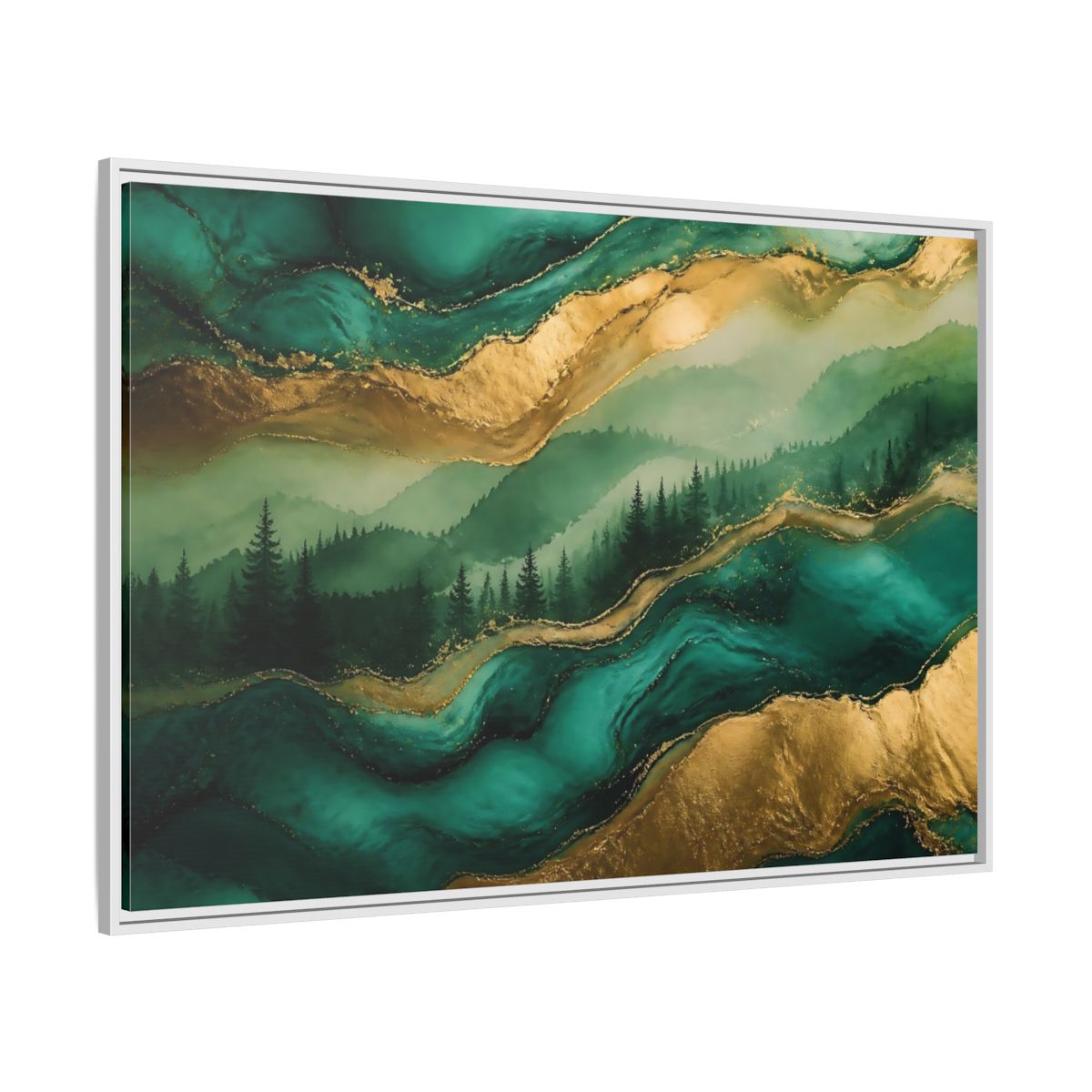 Side Mockup 7. Emerald Mountain Forest shown as framed canvas print