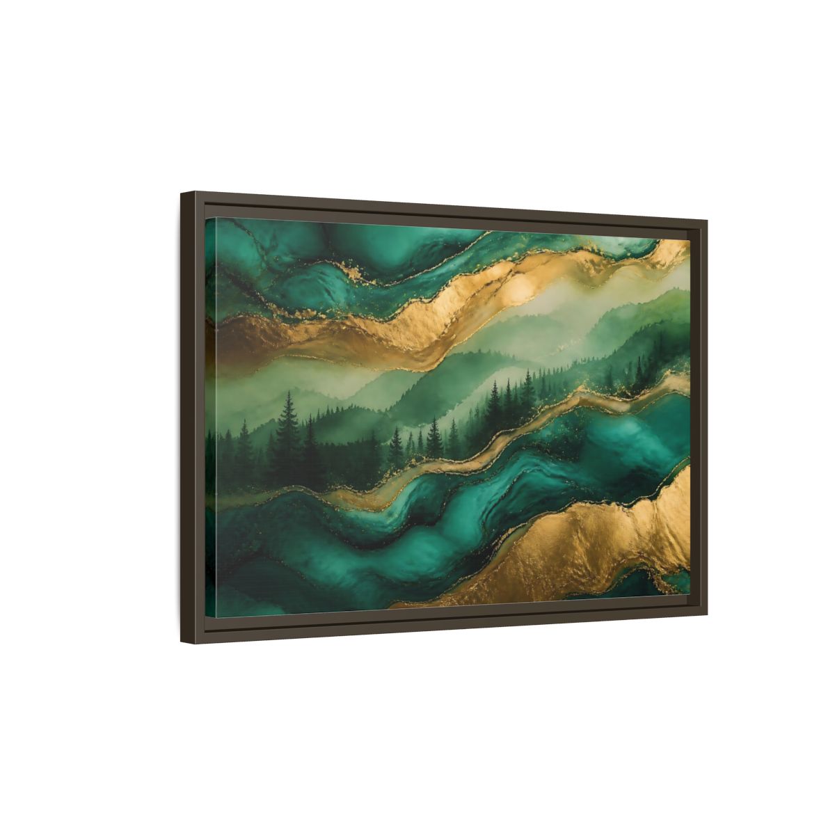 Side Mockup 2. Emerald Mountain Forest shown as framed canvas print