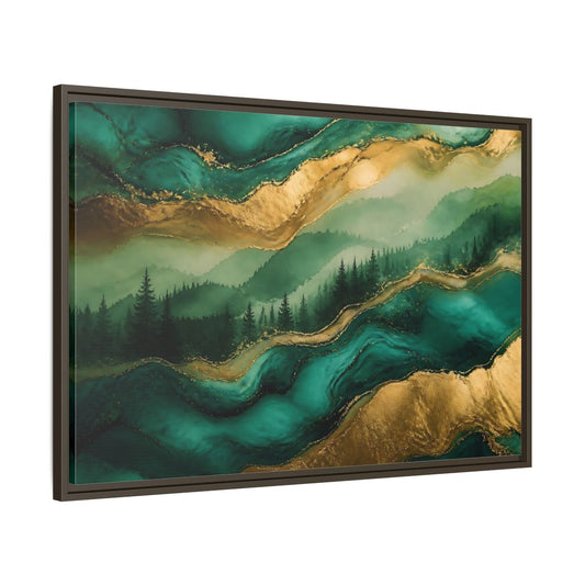 Main Mockup. Emerald Mountain Forest shown as framed canvas print