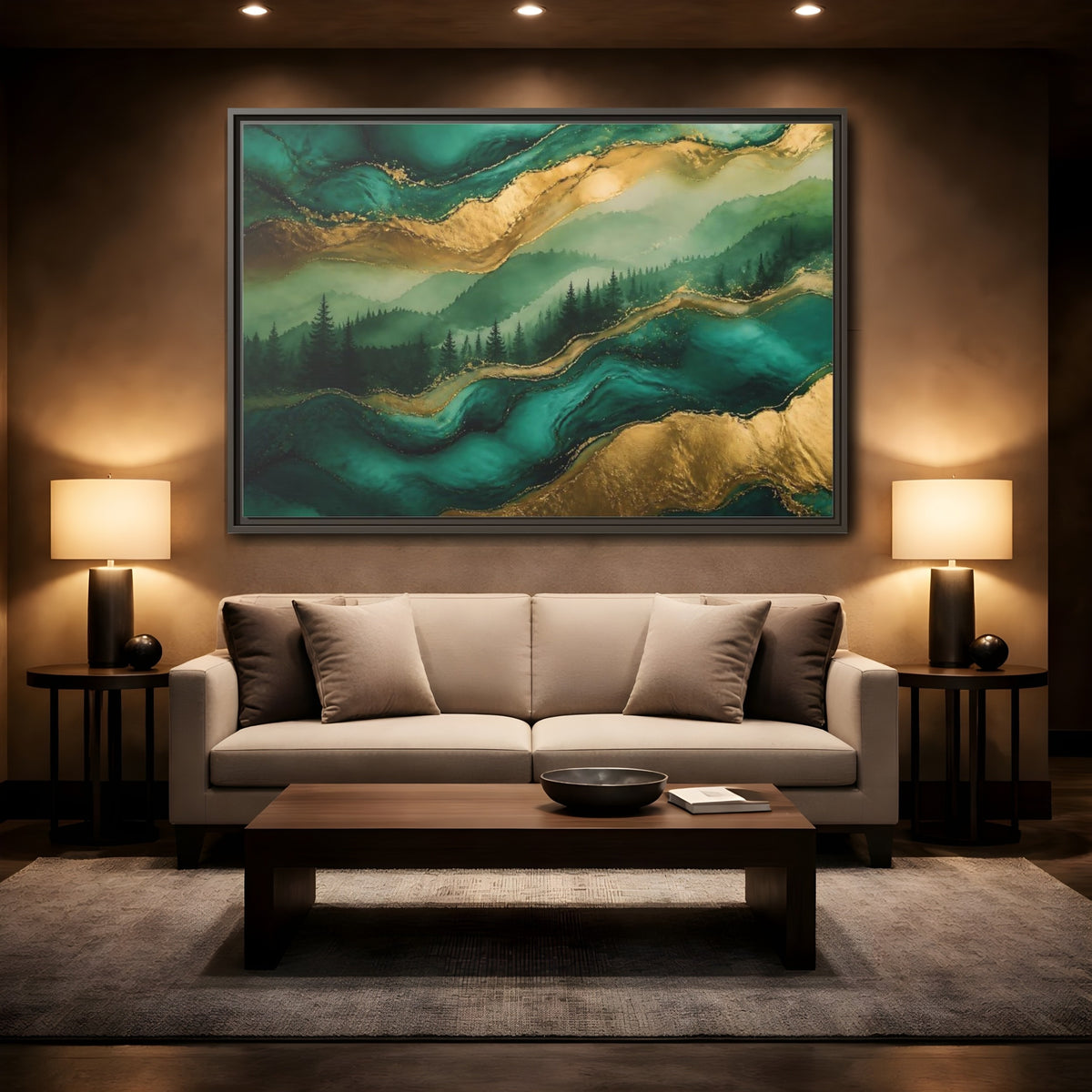 Mockup 2. Emerald Mountain Forest shown as framed canvas print