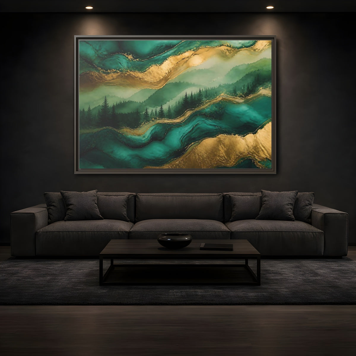 Mockup 3. Emerald Mountain Forest shown as framed canvas print