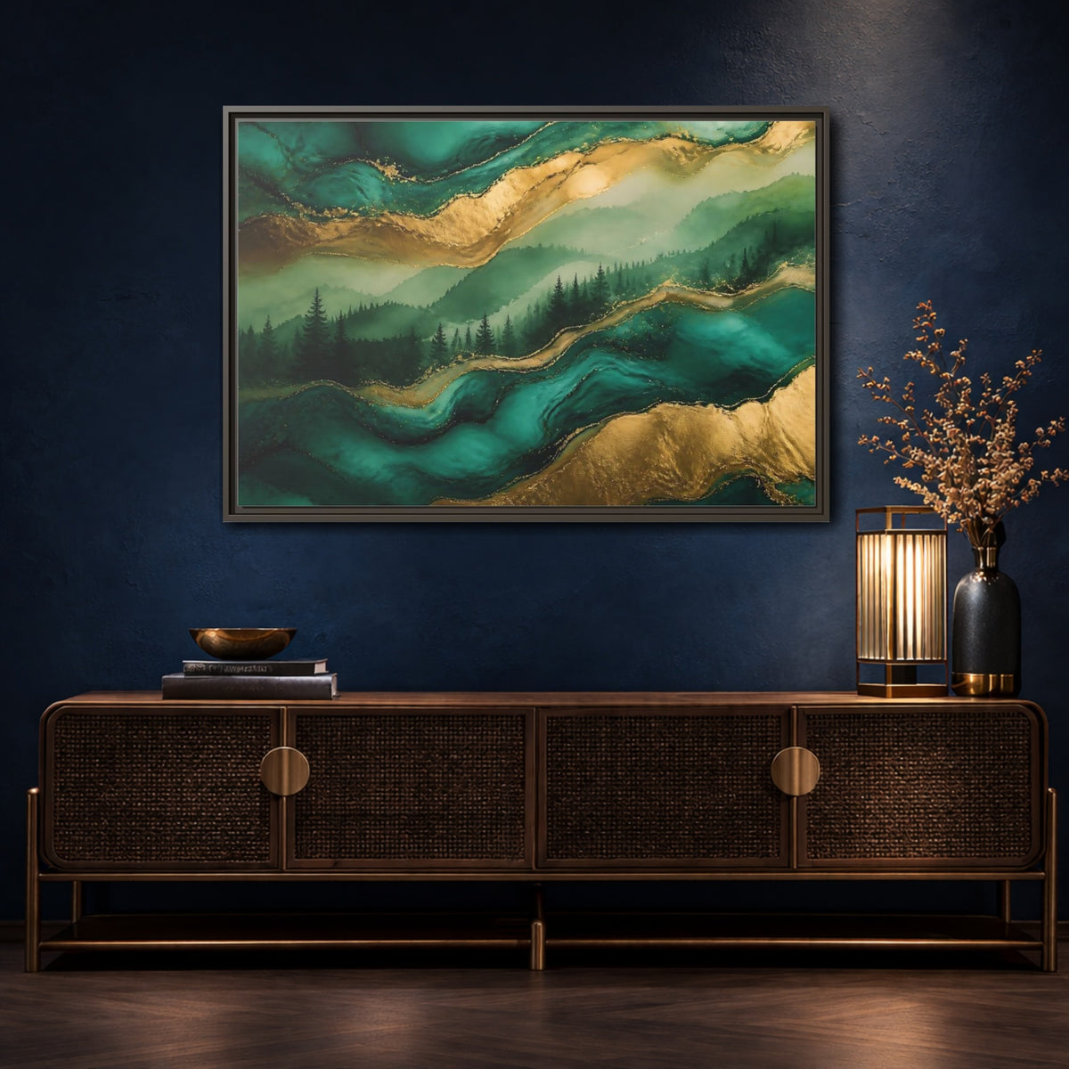 Mockup 4. Emerald Mountain Forest shown as framed canvas print