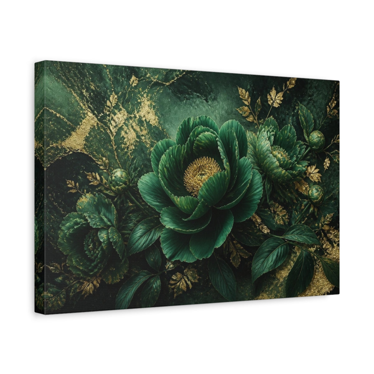 Side Mockup 4. Emerald Peony Floral shown as canvas print