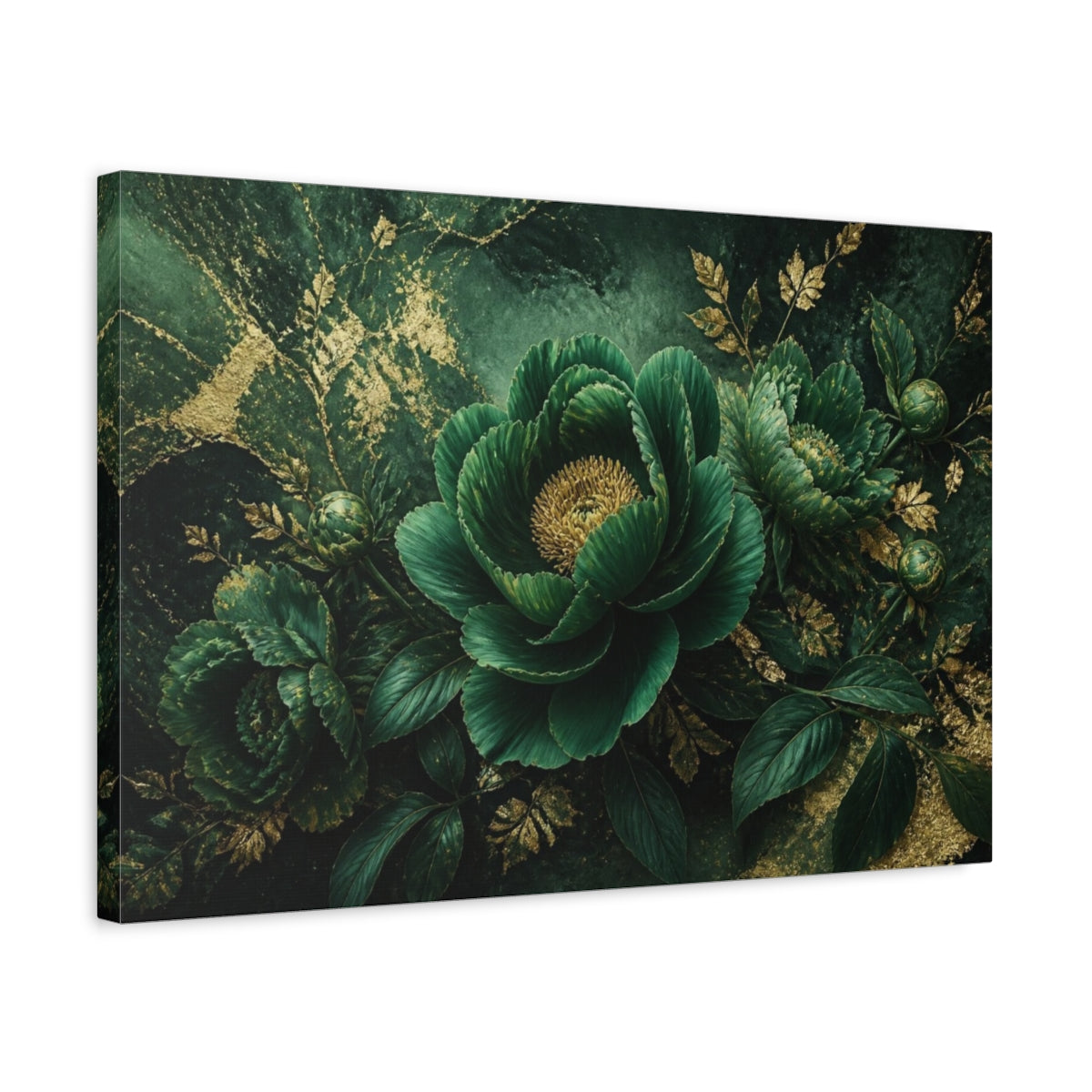 Side Mockup 3. Emerald Peony Floral shown as canvas print
