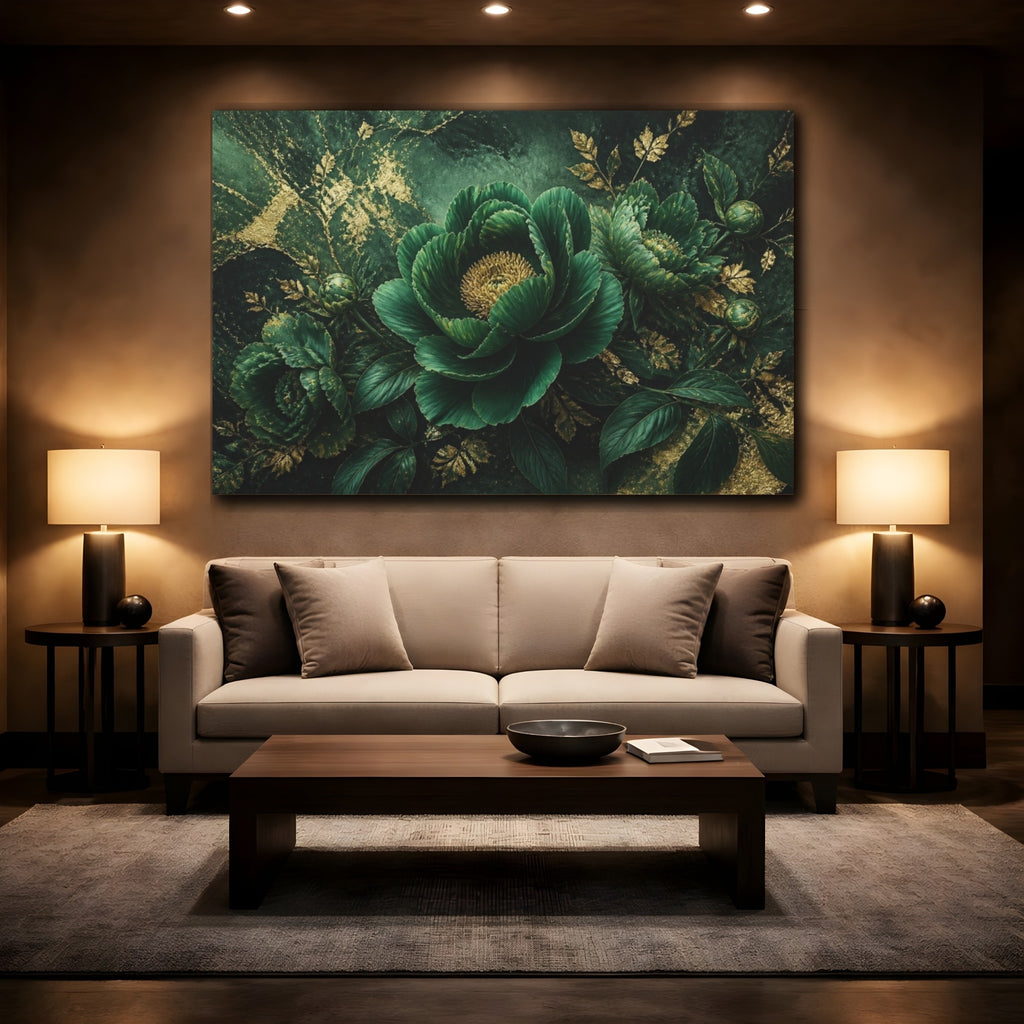 Mockup 2. Emerald Peony Floral shown as canvas print
