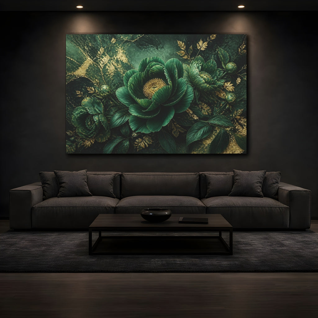 Mockup 3. Emerald Peony Floral shown as canvas print