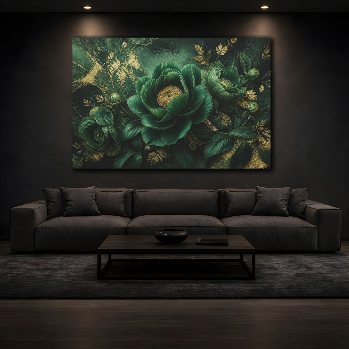 Mockup 3. Emerald Peony Floral shown as canvas print