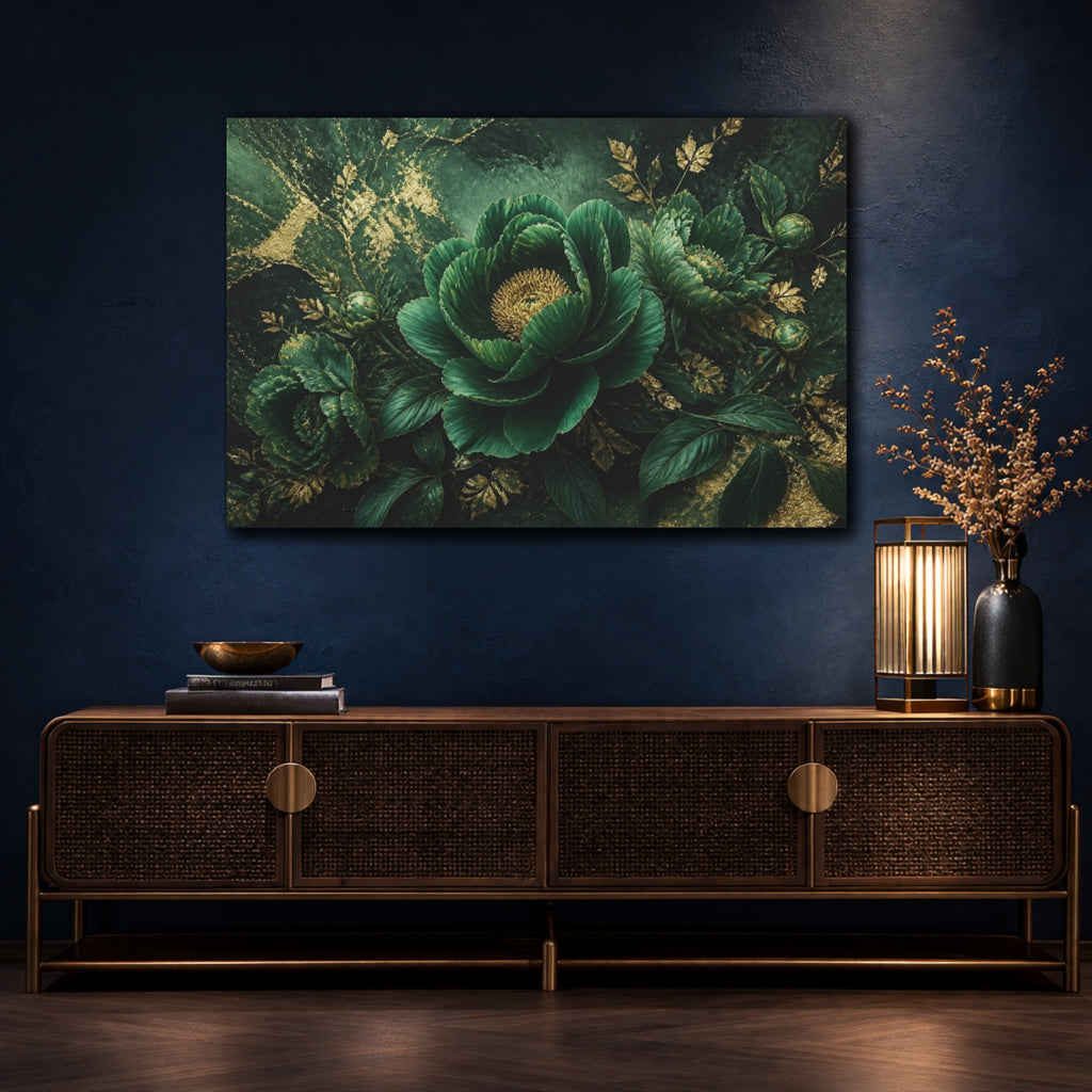 Mockup 4. Emerald Peony Floral shown as canvas print
