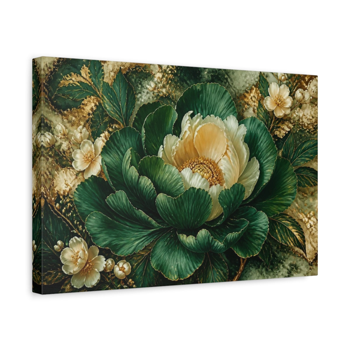 Side Mockup 4. Emerald Peony Flower shown as canvas print