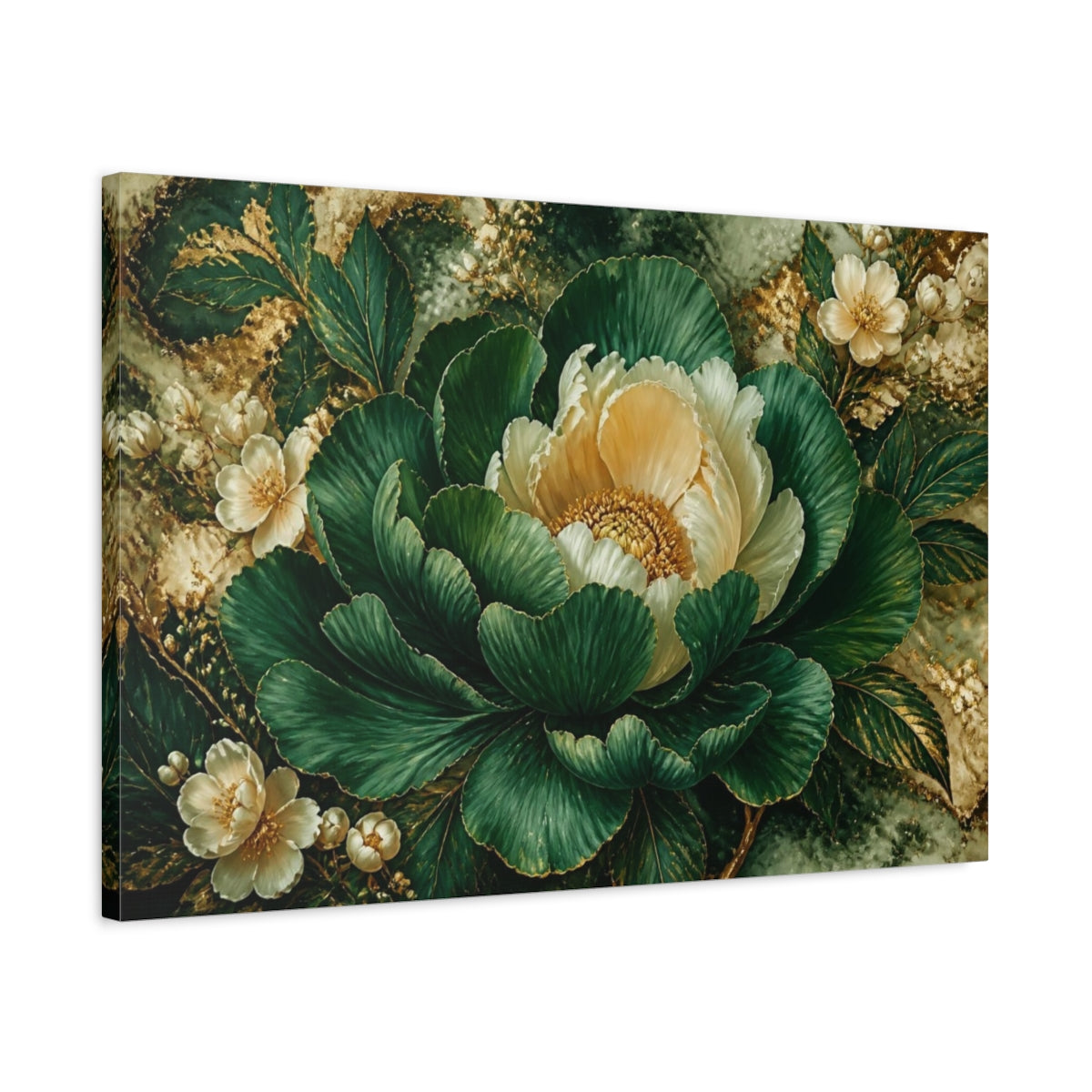 Side Mockup 2. Emerald Peony Flower shown as canvas print