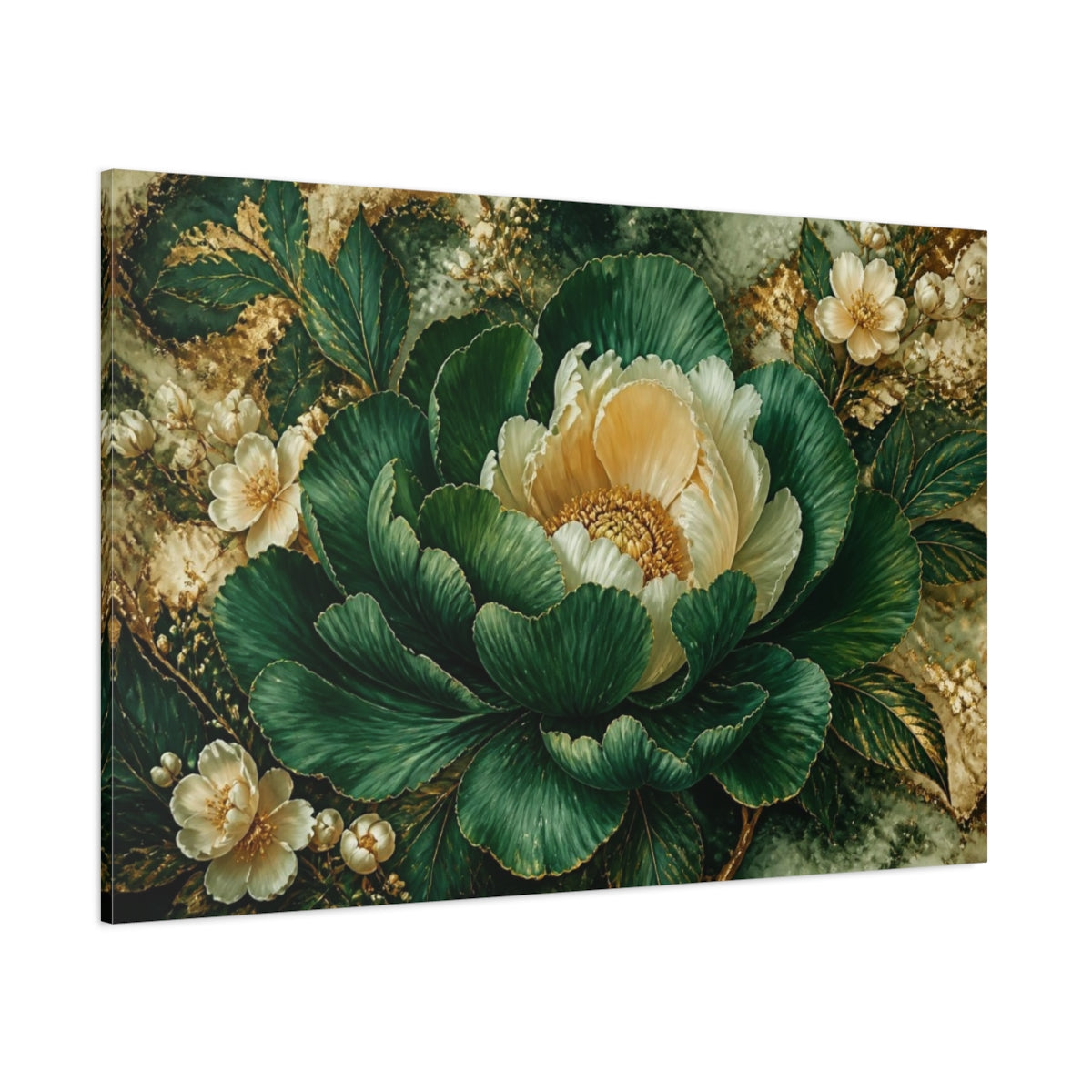 Side Mockup 1. Emerald Peony Flower shown as canvas print