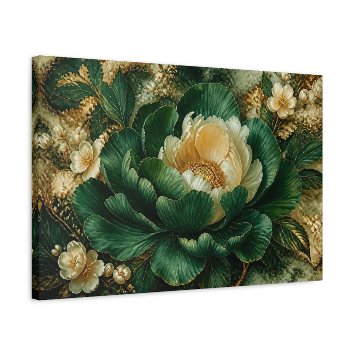 Side Mockup 3. Emerald Peony Flower shown as canvas print