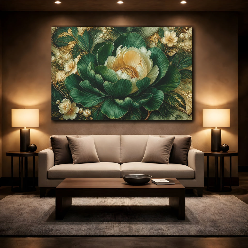 Mockup 2. Emerald Peony Flower shown as canvas print