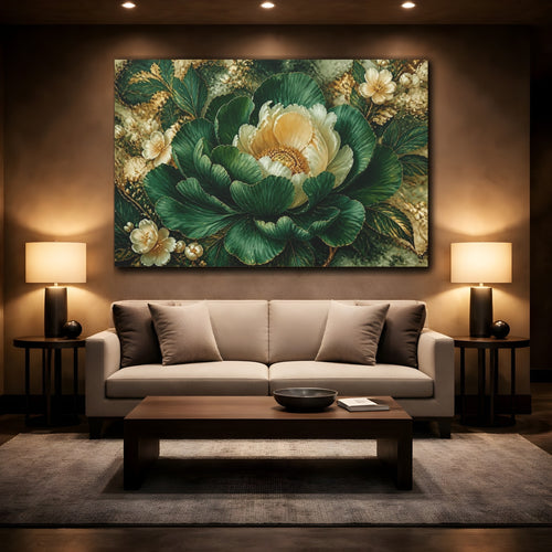 Mockup 2. Emerald Peony Flower shown as canvas print