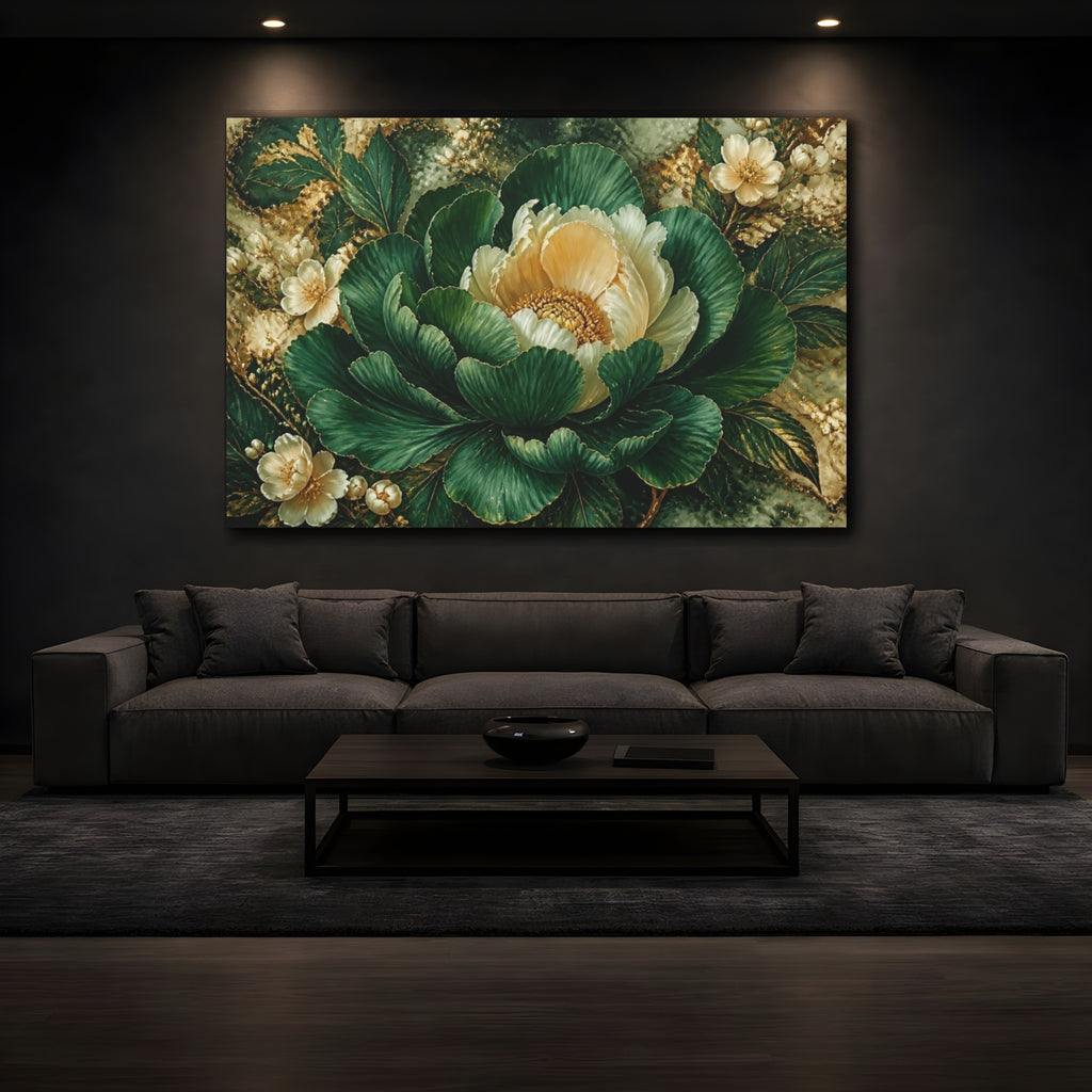 Mockup 3. Emerald Peony Flower shown as canvas print