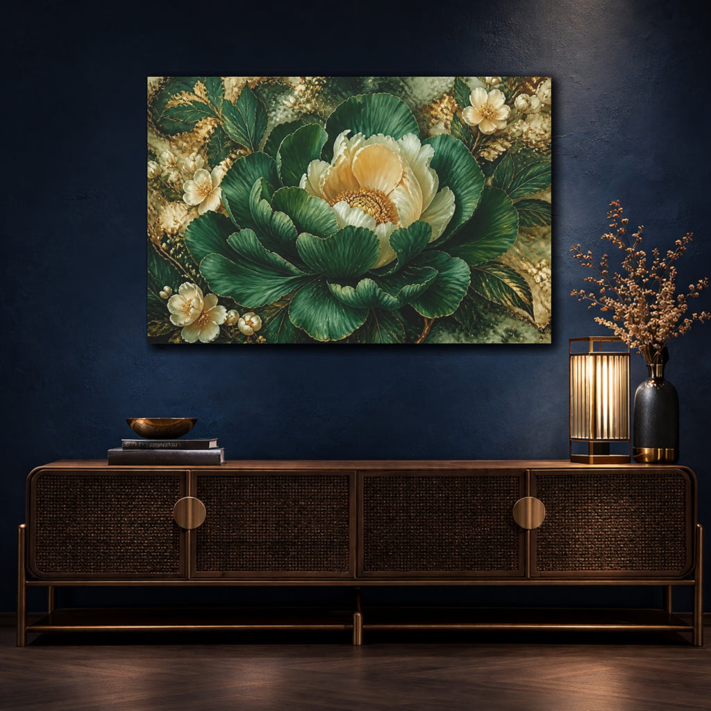 Mockup 4. Emerald Peony Flower shown as canvas print