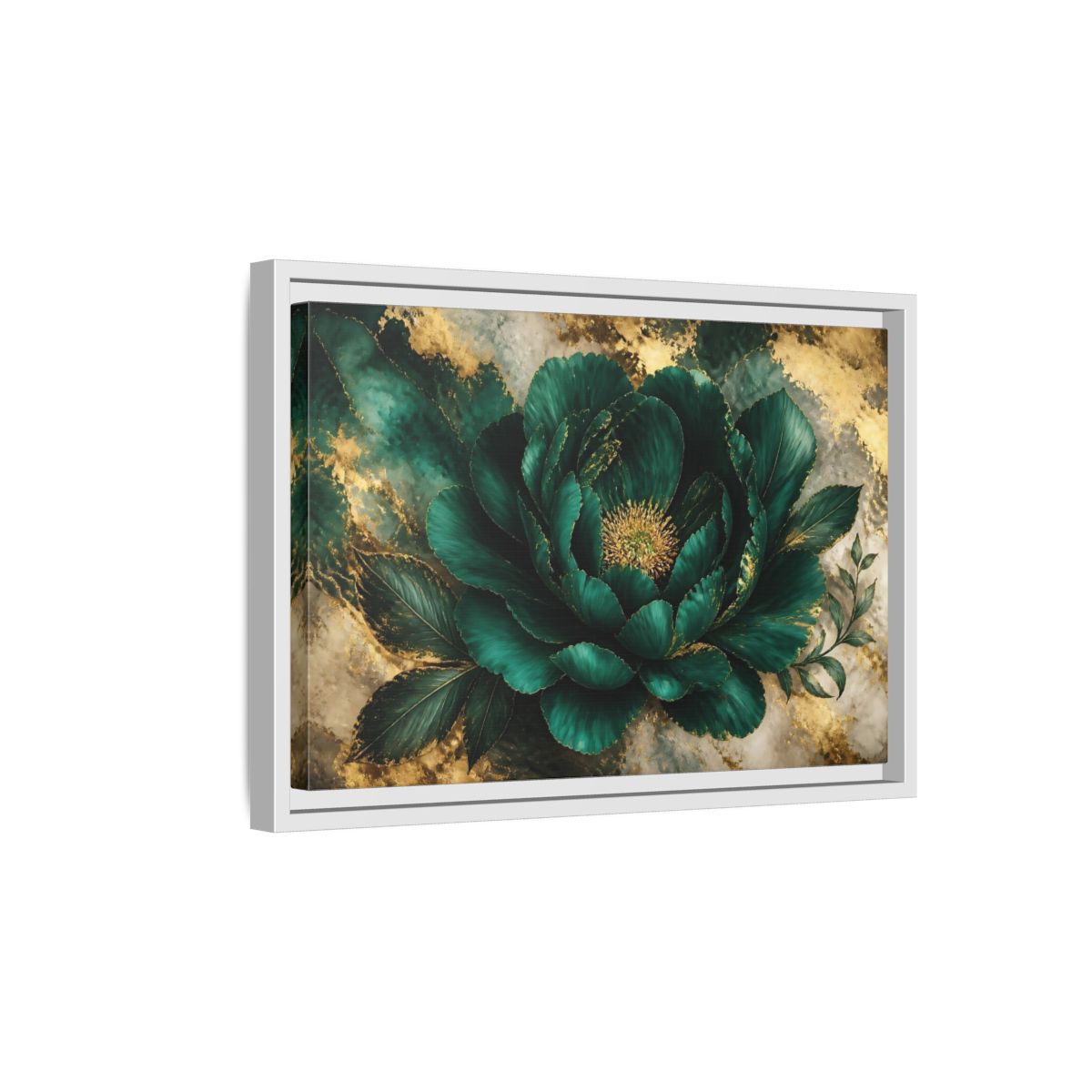 Side Mockup 4. Emerald Peony With Gold shown as framed canvas print