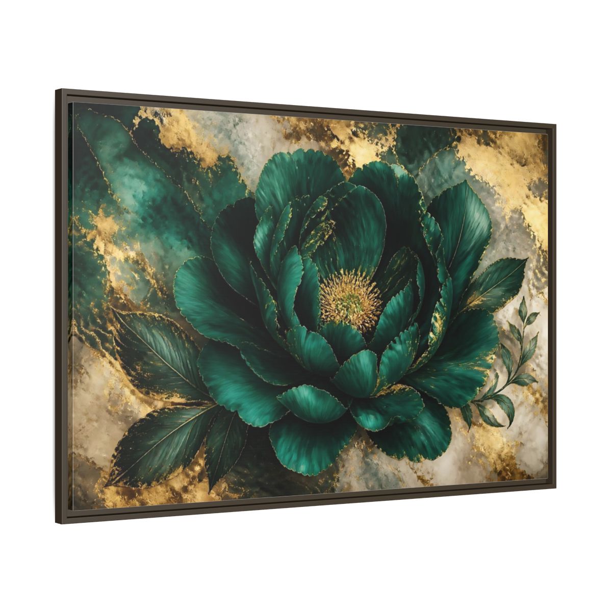 Side Mockup 8. Emerald Peony With Gold shown as framed canvas print
