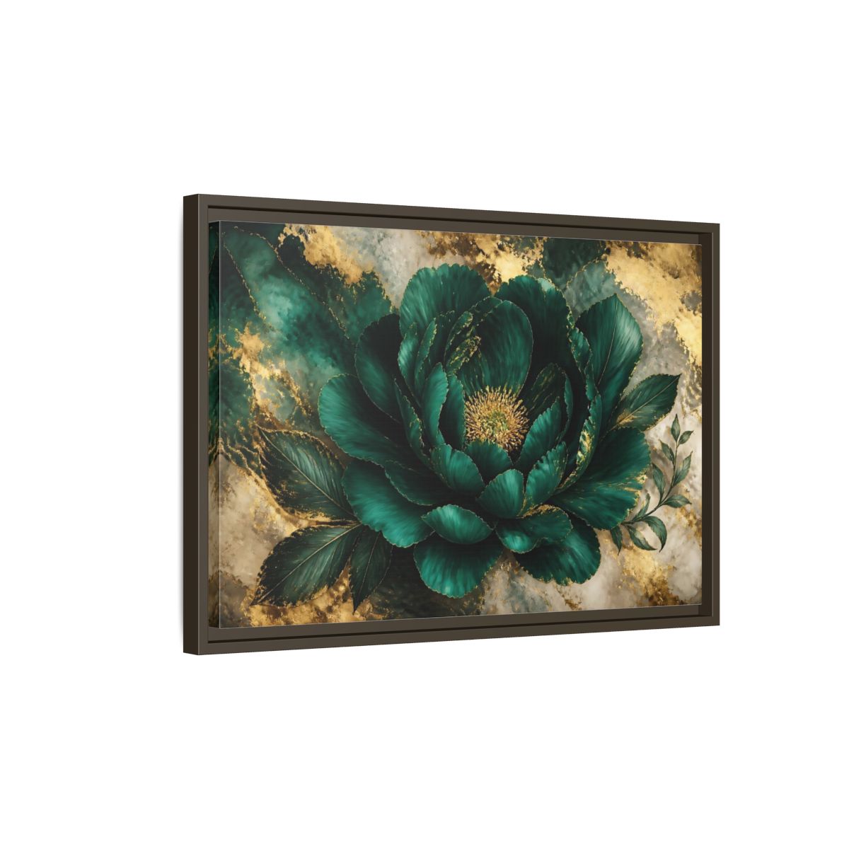 Side Mockup 2. Emerald Peony With Gold shown as framed canvas print