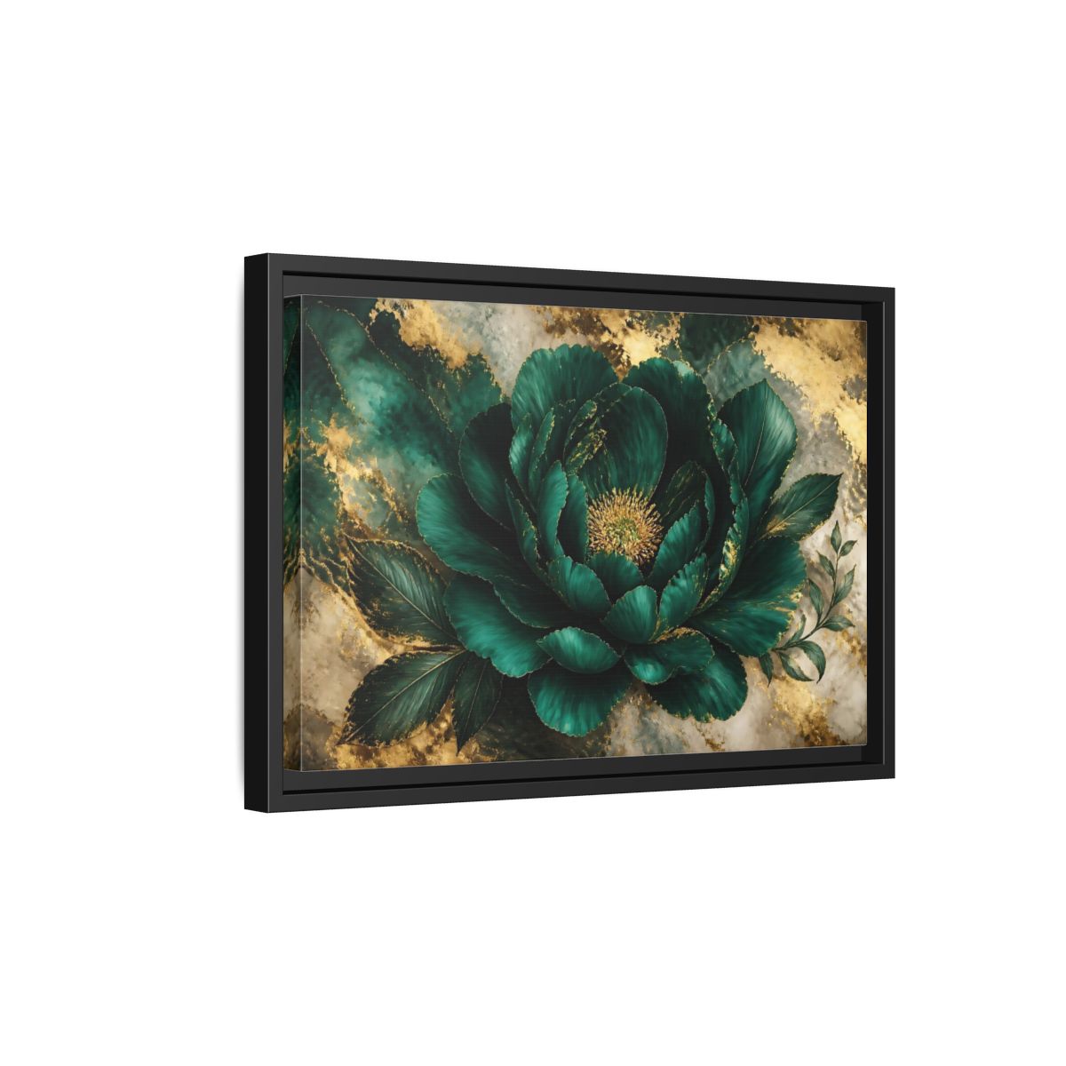 Side Mockup 6. Emerald Peony With Gold shown as framed canvas print
