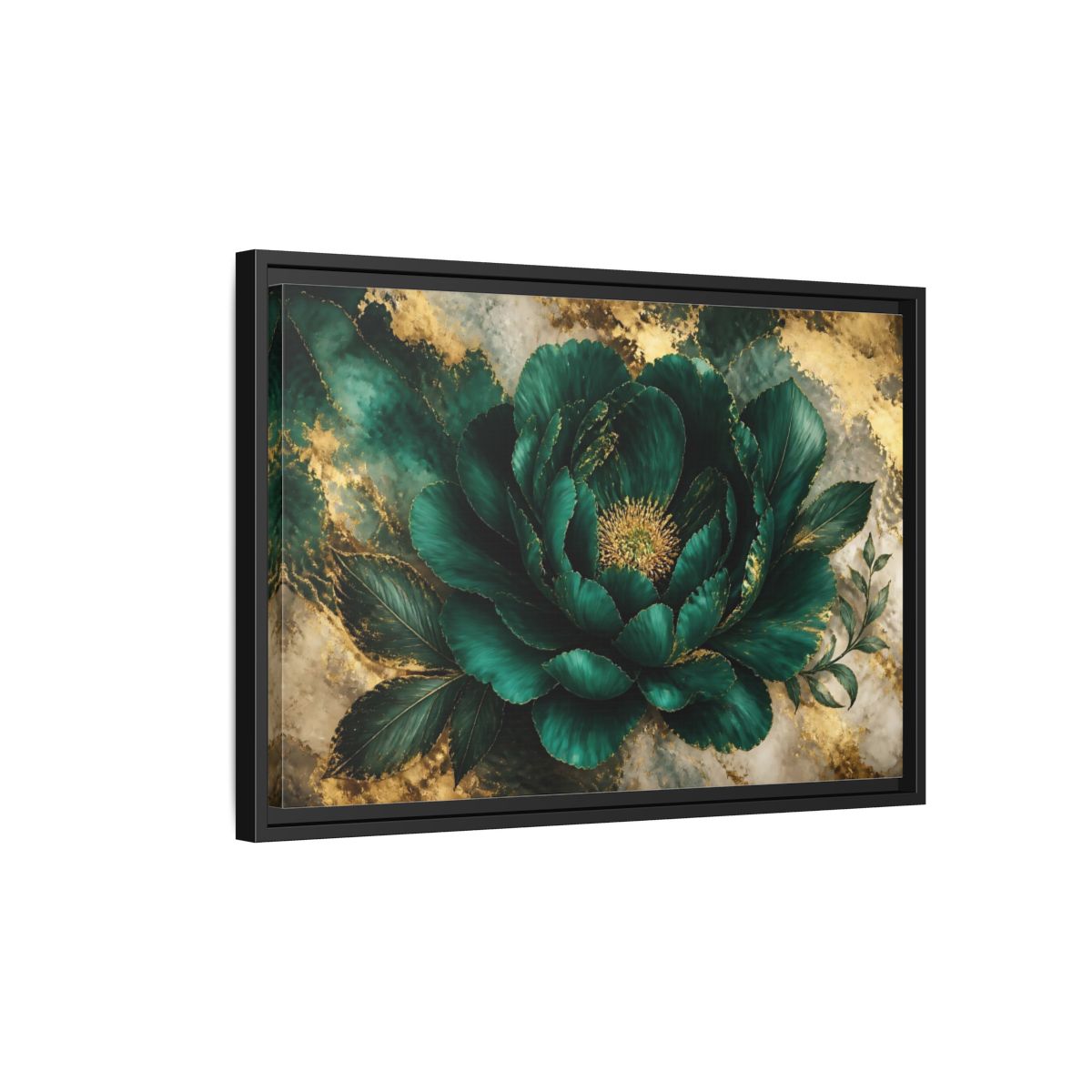 Side Mockup 3. Emerald Peony With Gold shown as framed canvas print