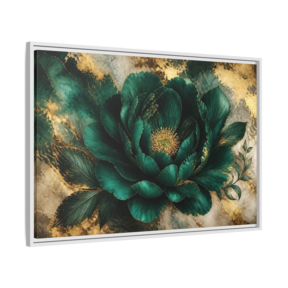 Side Mockup 9. Emerald Peony With Gold shown as framed canvas print