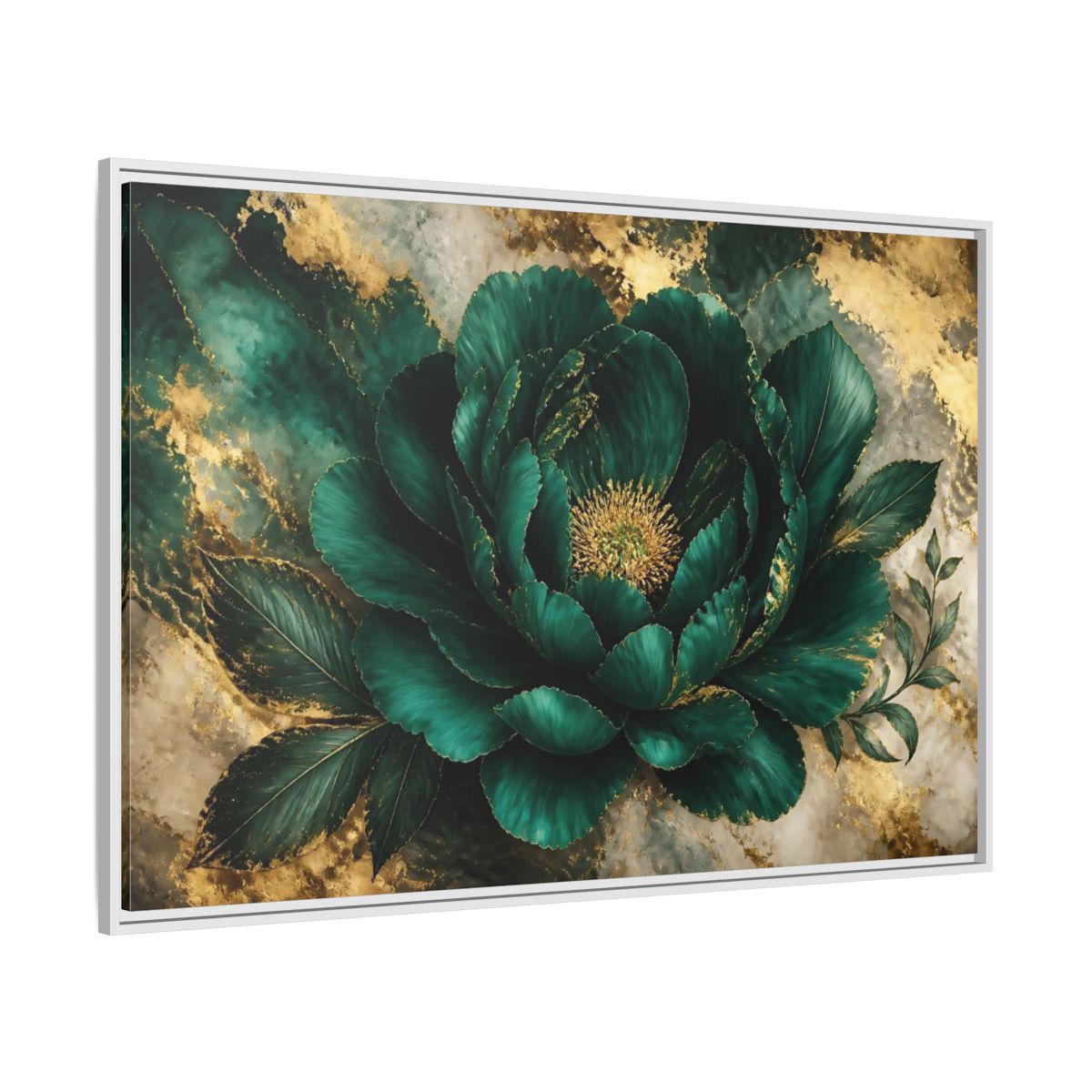 Side Mockup 7. Emerald Peony With Gold shown as framed canvas print