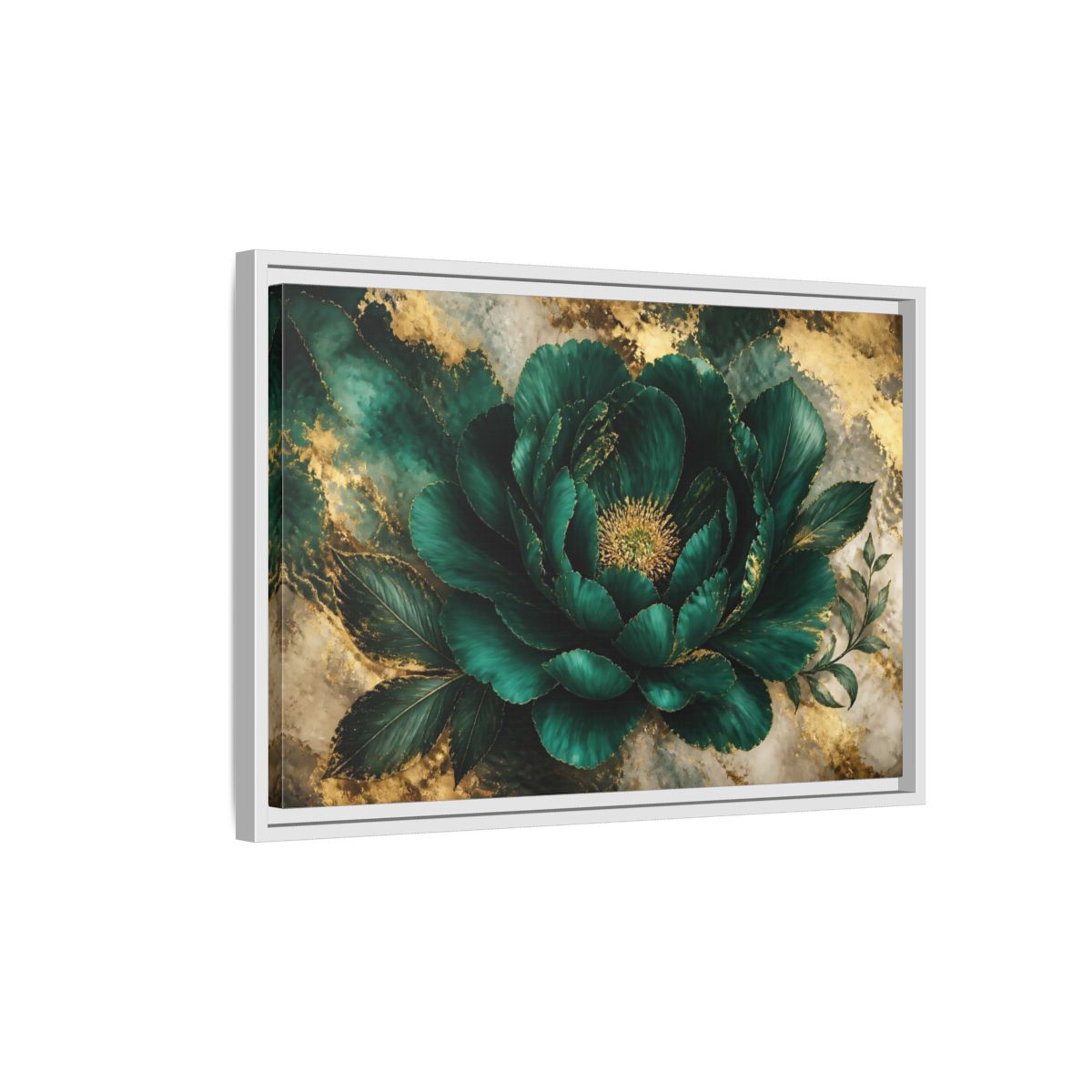 Side Mockup 1. Emerald Peony With Gold shown as framed canvas print