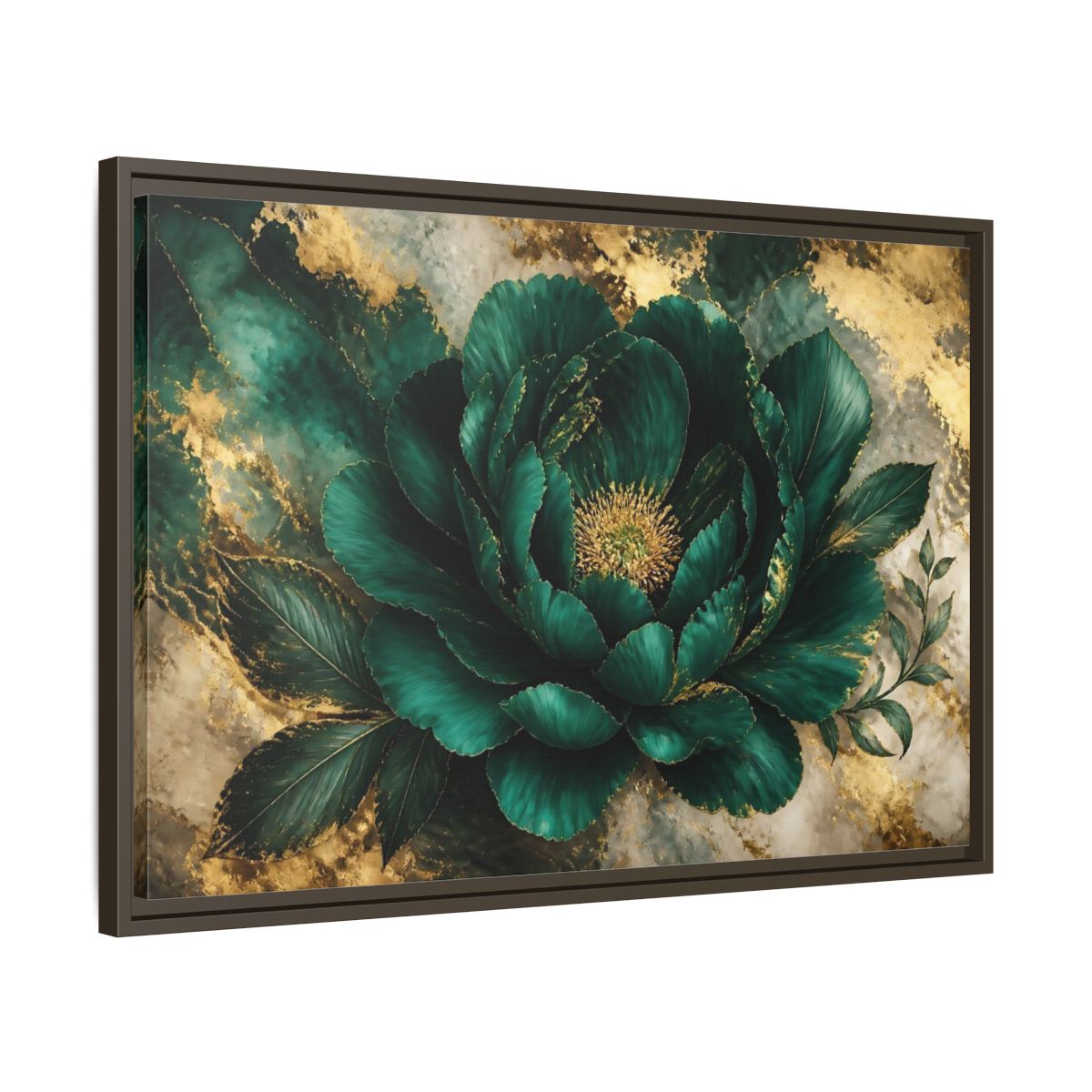 Side Mockup 11. Emerald Peony With Gold shown as framed canvas print