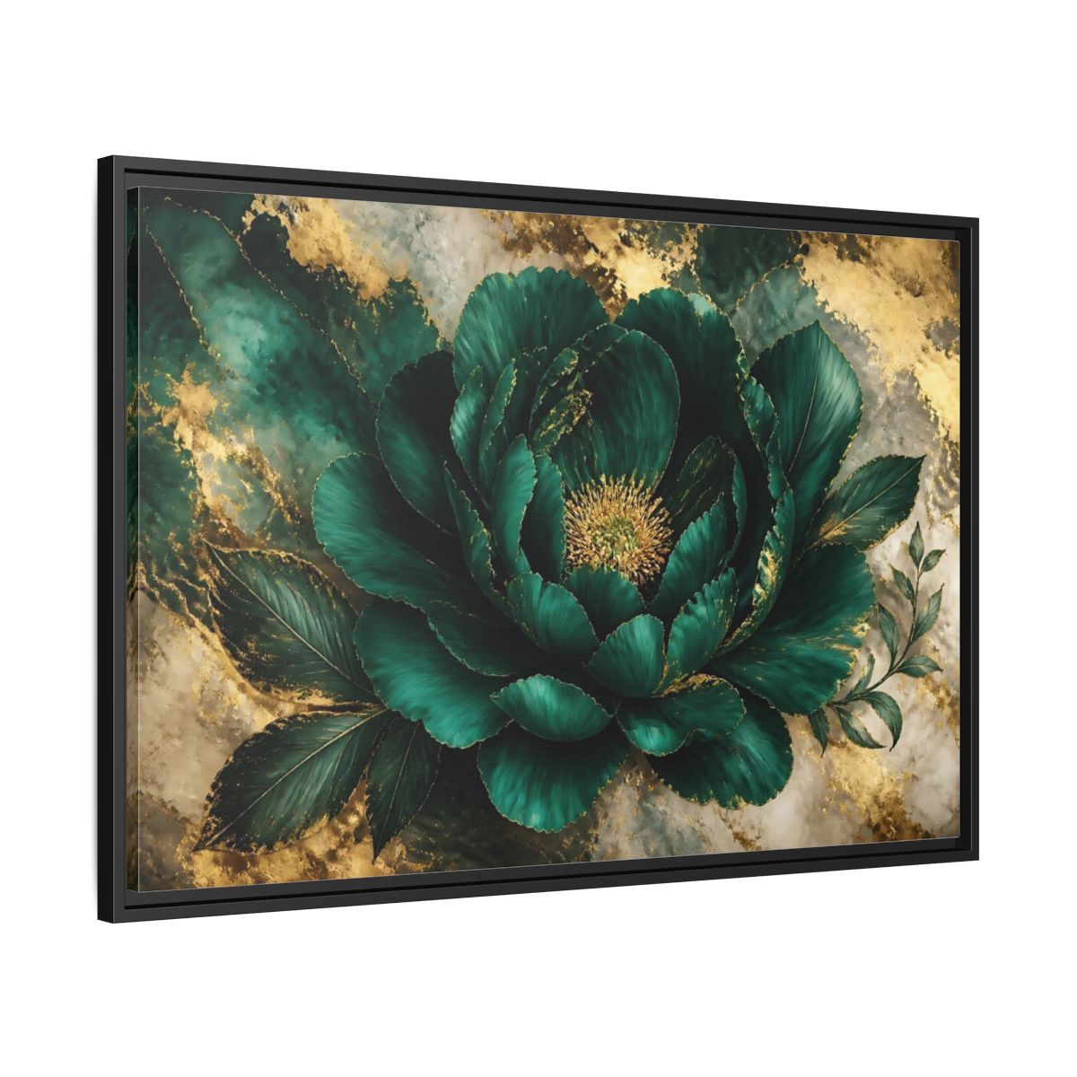 Side Mockup 13. Emerald Peony With Gold shown as framed canvas print