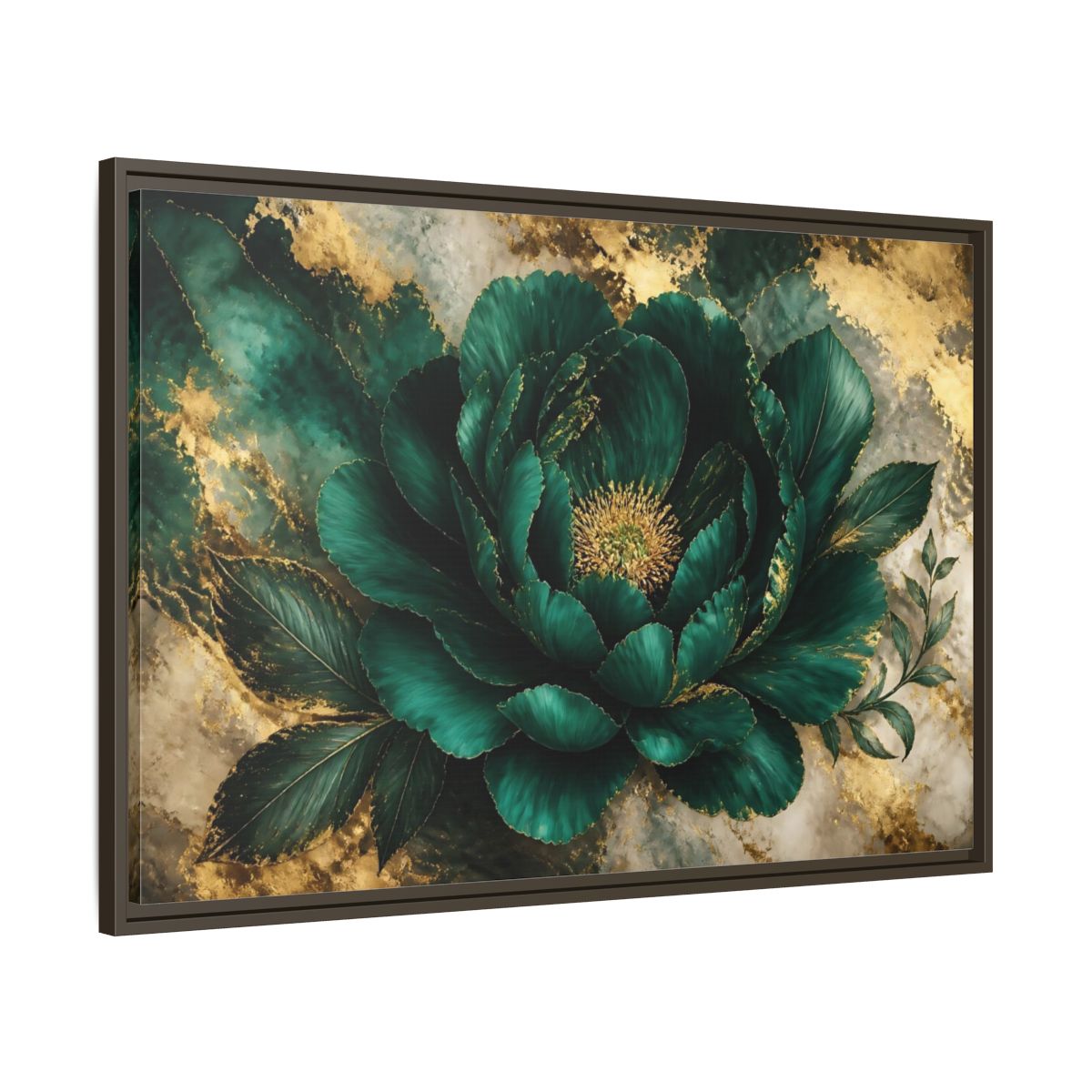 Main Mockup. Emerald Peony With Gold shown as framed canvas print