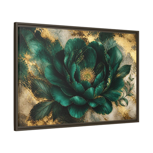 Main Mockup. Emerald Peony With Gold shown as framed canvas print