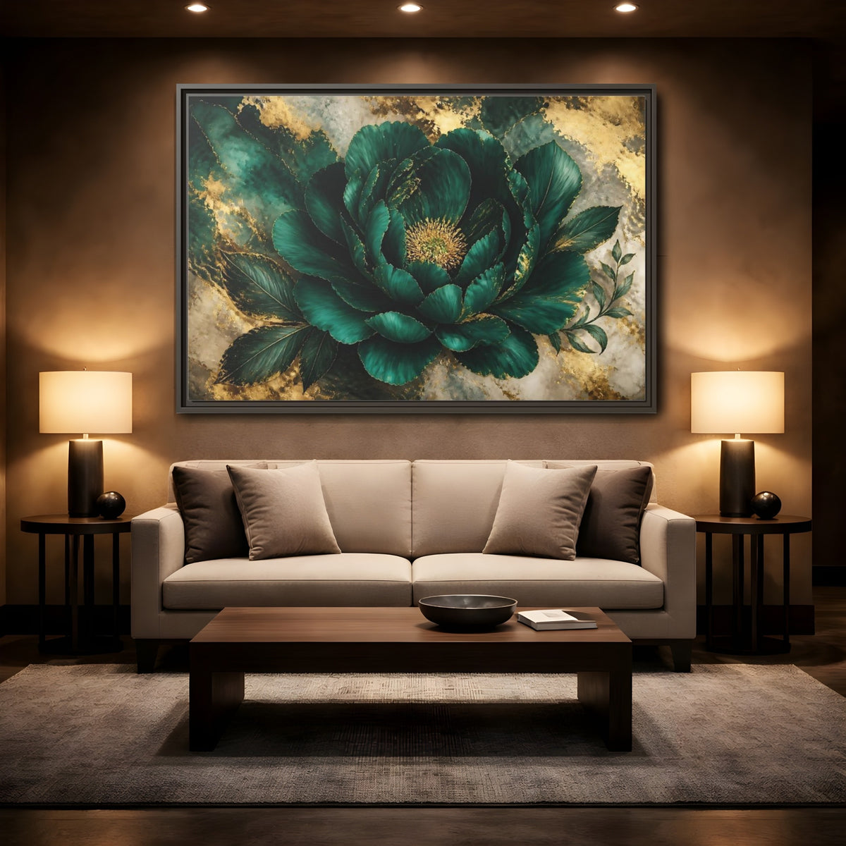 Mockup 2. Emerald Peony With Gold shown as framed canvas print